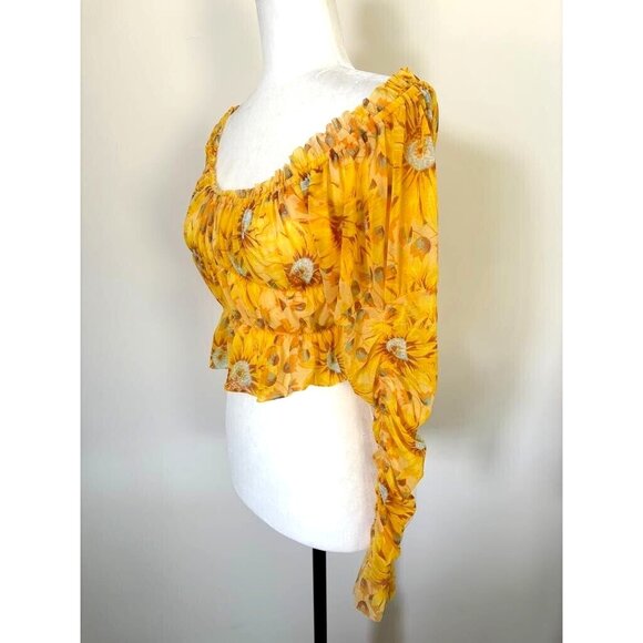 NWT URBAN OUTFITTERS Isla Top Sz Medium Yellow Sunflower Crop Top Ruched Sleeves - Picture 5 of 7